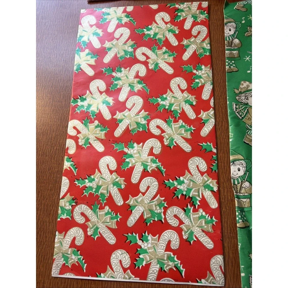 6 Vintage Sheets Of Christmas Flat Wrap: Holly, Candy Canes, Drummer